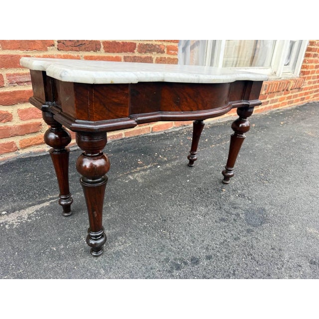 Antique Victorian Marble Top Flame Mahogany Low Console Table For Sale - Image 11 of 16