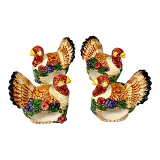 Vintage Americana Boho Chic Thanksgiving Colorful Turkey Ceramic Napkin Rings - Set of 4 For Sale
