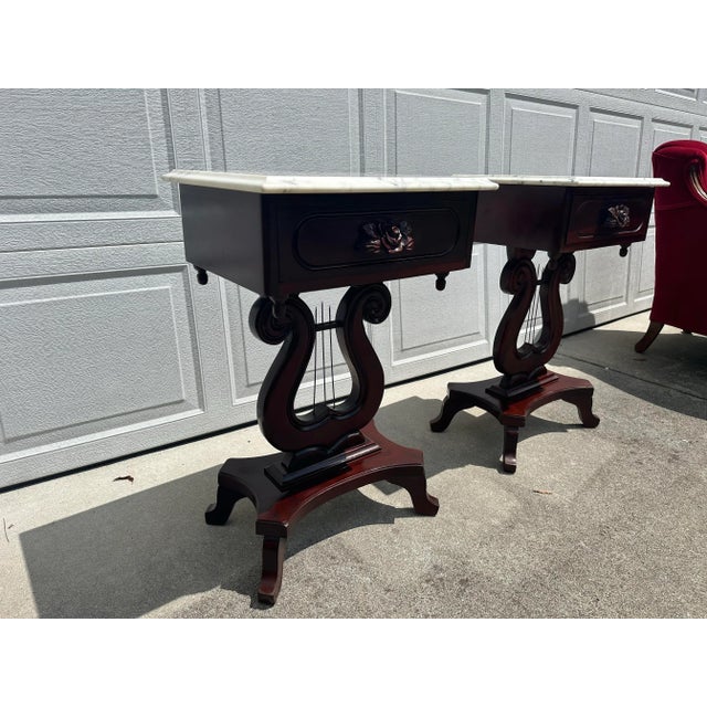 Victorian Mid 19th Century Victorian Mahogany Marble Top Harp - Lyre End Tables - a Pair For Sale - Image 3 of 8
