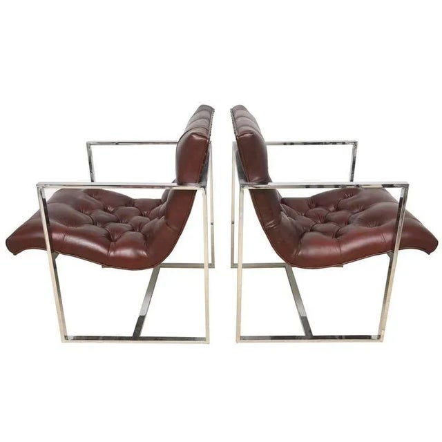 Modern Vintage Milo Baughman Style Leather Tufted Cube Scoop Chrome Side Chairs Pair of Restored For Sale - Image 3 of 9