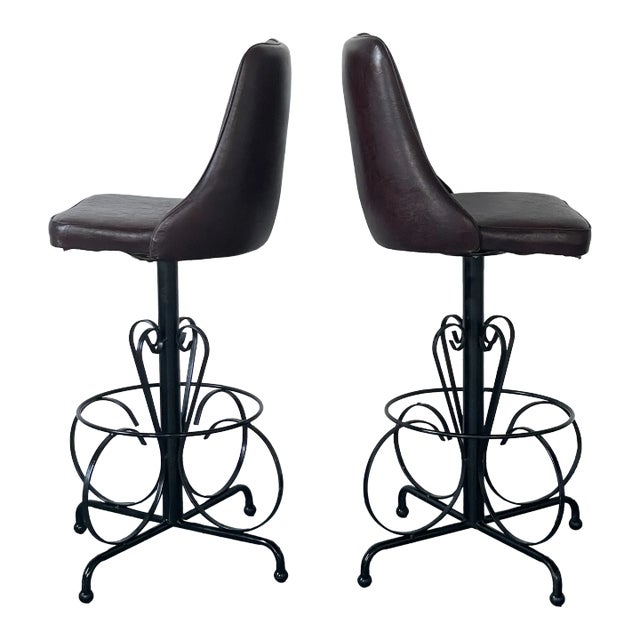 1960s Spanish Revival Barstools Cushy Brown Bucket Chairs With an Iron Scrolled Base - Set of 2 For Sale