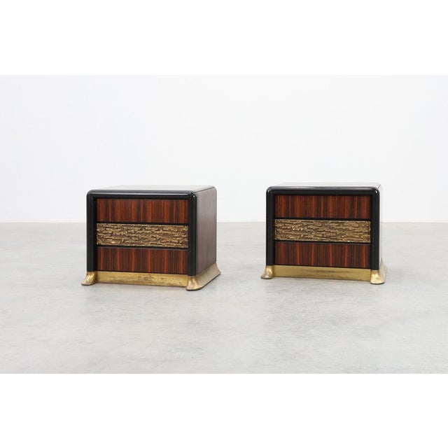 1970s Nightstands in Wood with Brass Relief, Italy 1970s, Set of 2 For Sale - Image 5 of 15