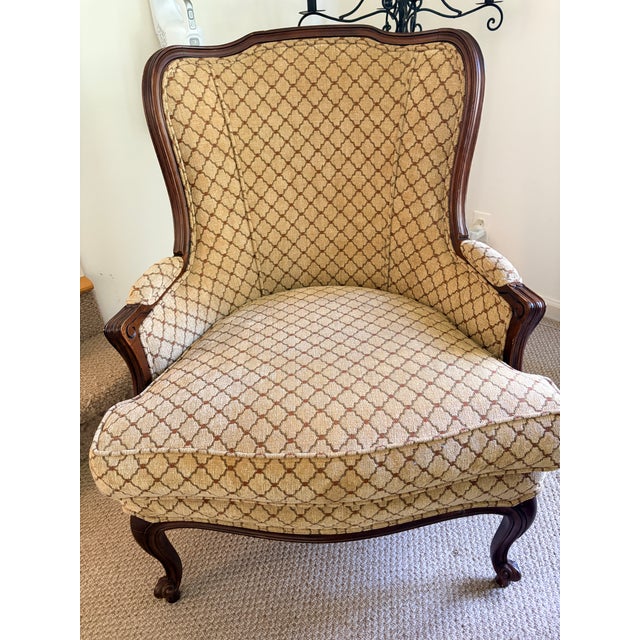Pair of vintage matcing French Provincial wingback lounge chair from Ethan Allen. It features classic French Provincial...