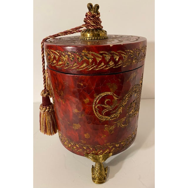 Monumental 14" Graduated Trio of Maitland-Smith Tessellated Stone Canisters - Imperial Red & Gold Leaf For Sale - Image 13 of 18