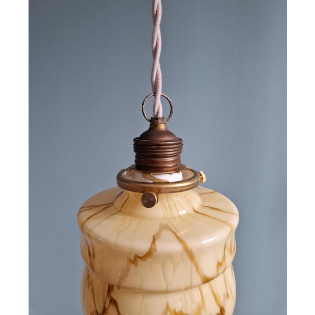 Metal Art Deco Pendant Lights in Opaline and Marbled Uranium Glass from Scailmont, Belgium, 1930s, Set of 3 For Sale - Image 7 of 18