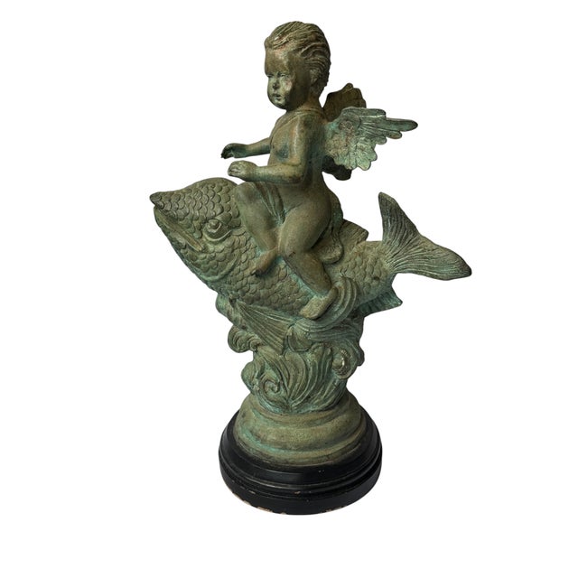 1940s 20th Century Continental Verdigris Bronze Putto Riding Fish Sculpture For Sale - Image 5 of 11