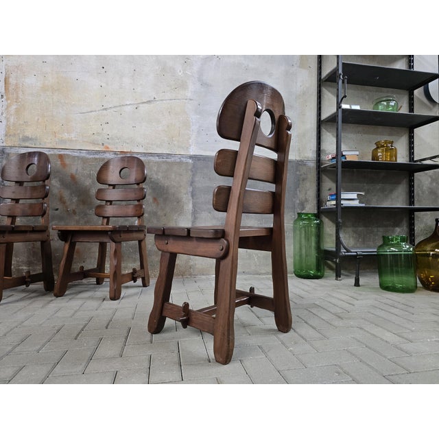 Wood Brutalist Oak Fishbone Chairs, 1970s, Set of 4 For Sale - Image 7 of 11