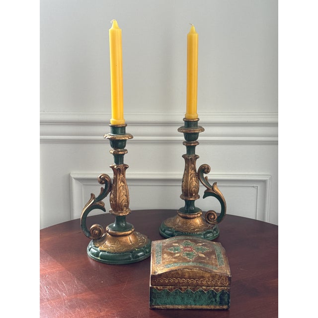 Italian Florentine Style Green and Gold Candle Holders--a Pair For Sale - Image 13 of 13