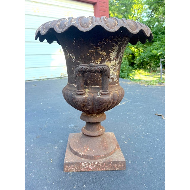 Huge Antique Late Victorian French Heavy Cast Iron Outdoor Planter Urn W/ Handle For Sale - Image 12 of 17