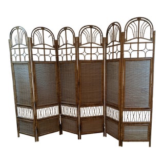 Vintage 6-Panel Bamboo Rattan Folding Room Divider Screen Arched Fan Top 1970's For Sale