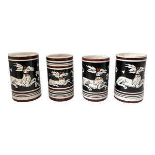 Vintage Antica Siena Italian Pottery Black White Deer Cups or Vases - Set of 4 For Sale