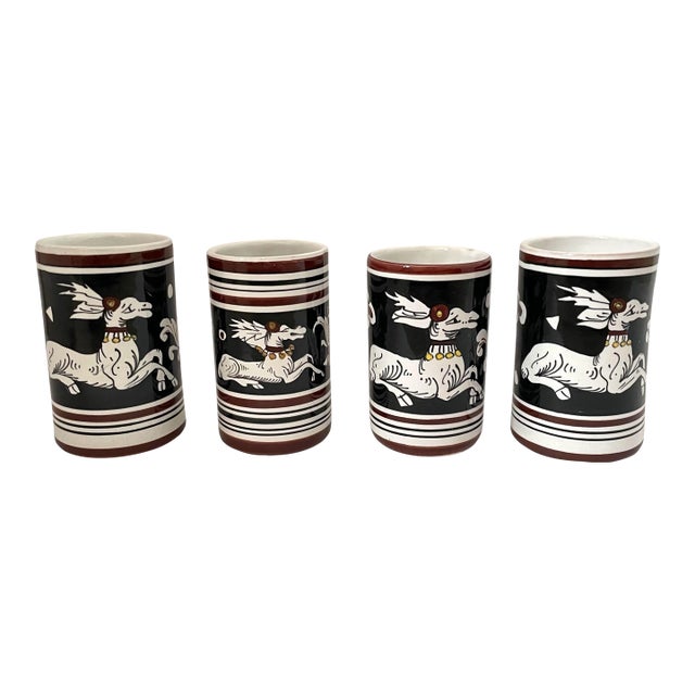 Vintage Antica Siena Italian Pottery Black White Deer Cups or Vases - Set of 4 For Sale