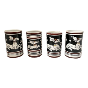 Vintage Antica Siena Italian Pottery Black White Deer Cups or Vases - Set of 4