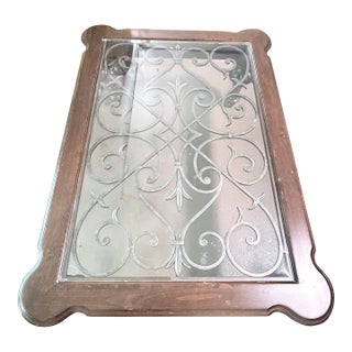 1990s Large Ornate Coffee Table – Iron Scrollwork Under Glass, Dark Wood For Sale