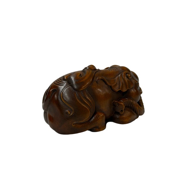 Asian 3" Artistic Brown Wood Carved Elephant Fengshui Miniature Figure For Sale - Image 3 of 9
