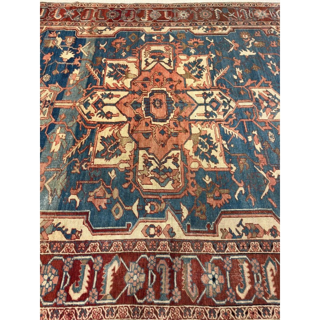 Persian Antique Persian Serapi Handmade Light Blue, Ivory & Rusty Red Rug For Sale - Image 3 of 12
