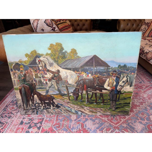 Beautiful large painting on canvas featuring a Hungarian horse race day! I traveled to Budapest once and witnessed the...