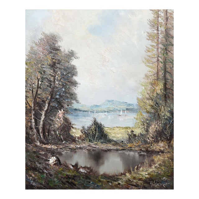 Serene mountain landscape with sailboats in the distance and a still pond framed by trees in the foreground by Hans Werner...