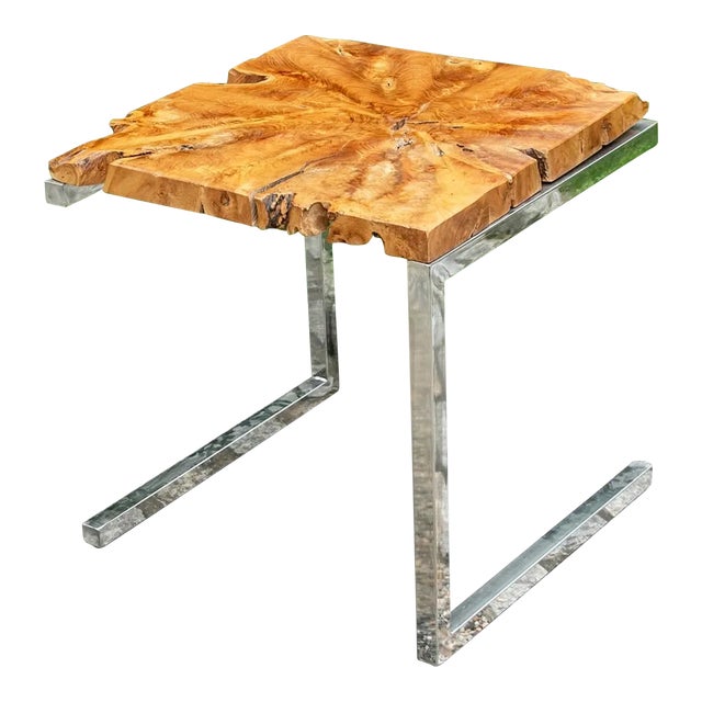 1970s Modern Chrome and Live-Edge Teak Top Side Table For Sale