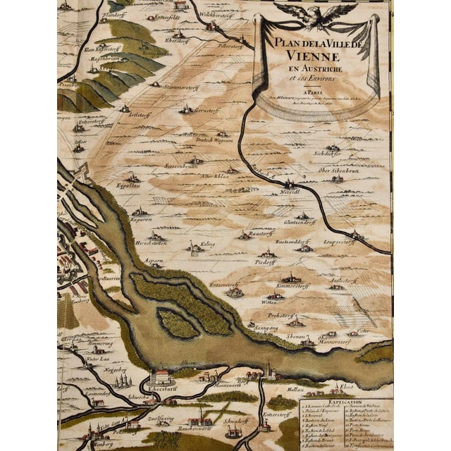 This large 17th century hand-colored map of Vienna, Austria and the surrounding countryside and villages entitled "Plan de...