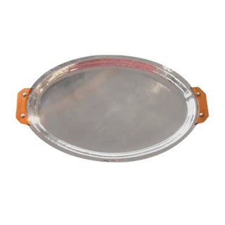Art Deco Silver-Plated Oval Tray with Wooden Handles, 1930s For Sale