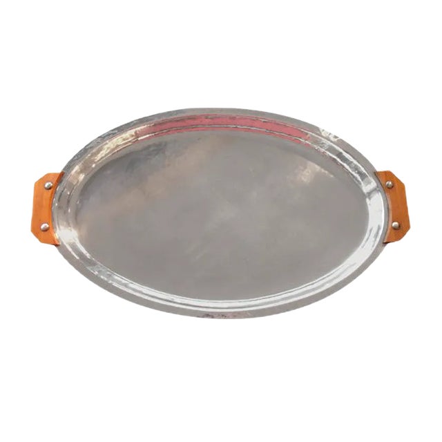 Art Deco Silver-Plated Oval Tray with Wooden Handles, 1930s For Sale