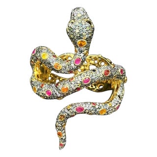 Bochic "Orient" Vintage Sapphire & Ruby Serpent Cuff Set In 18K Gold & Silver For Sale