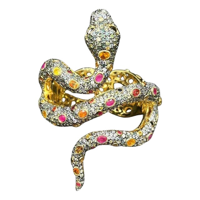Bochic "Orient" Vintage Sapphire & Ruby Serpent Cuff Set In 18K Gold & Silver For Sale