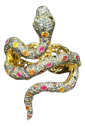 Bochic "Orient" Vintage Sapphire & Ruby Serpent Cuff Set In 18K Gold & Silver