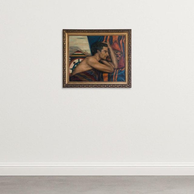 A striking and highly decorative 1939 oil on canvas portrait of a seated young man, signed Alicia Berenguer and dated...