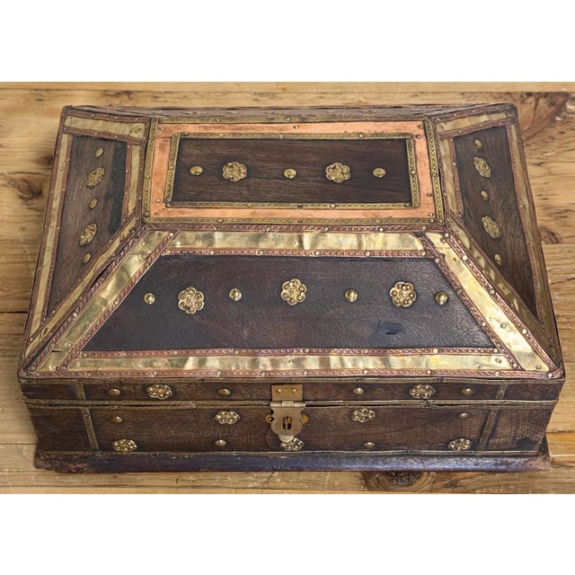 Wood Vintage Wooden Hinged Box W Metalwork Detail For Sale - Image 7 of 10
