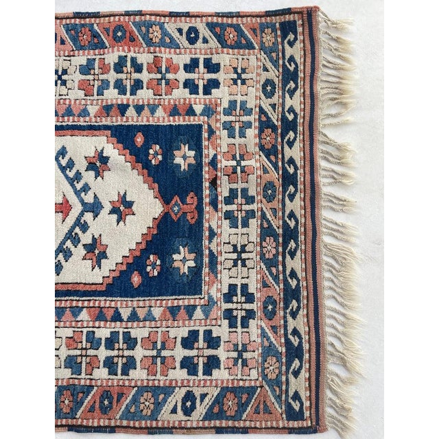 Persian Vintage Turkish Navy, Blush, Apricot, Soft Salmon, Beige with Braided Fringe Rug 3.5 x 5.8 For Sale - Image 3 of 10