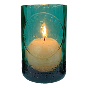 Candle Holder, 1930s Argentine Seltzer Bottle. Repurposed Embossed Glass Luminaire