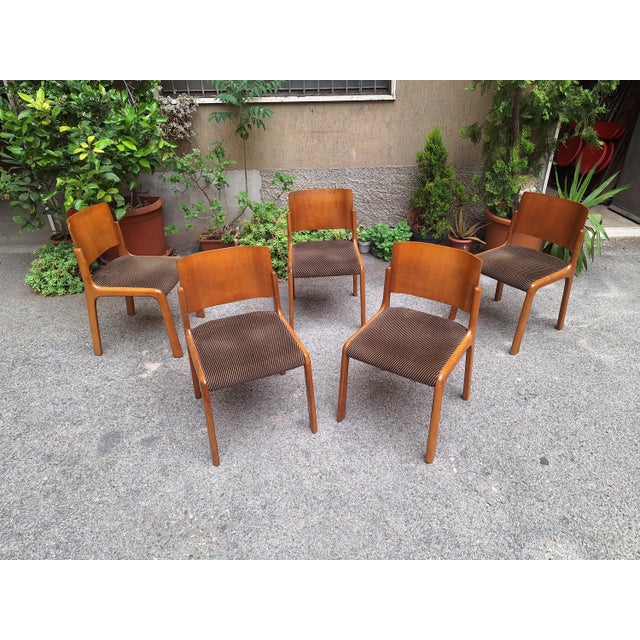 Vintage Chairs in Light Wood and Fabric Seat with Curved Backrest, 1960s, Set of 5 For Sale - Image 12 of 12