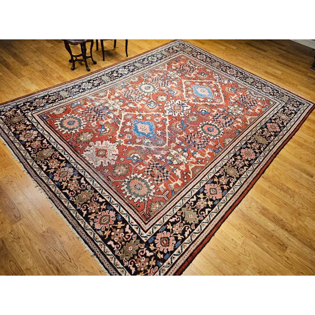 Antique Persian Mahal Sultanabad Rug, Hand-Knotted Wool, Geometric Pattern, 9x12, Red & Navy For Sale - Image 10 of 18
