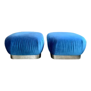 Karl Springer "Souffle Ottoman" in Blue Velvet - a Pair