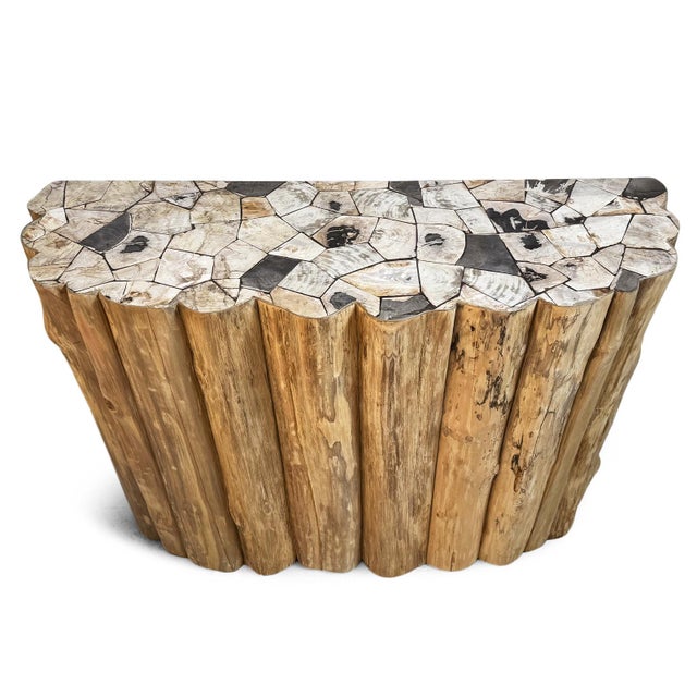 Contemporary Petrified Wood Top Organic Teak Console Table For Sale - Image 3 of 14