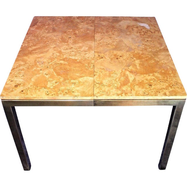 Milo Baughman Style Burled Wood & Brass Square Dining ...