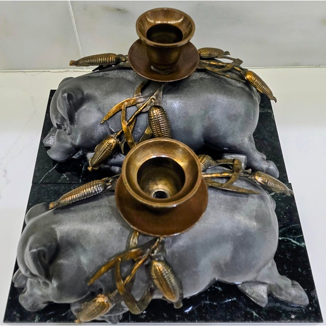 Vintage Petites Choses Pewter Sleeping Pig Candle Holders on Green Marble – Pair, Usa For Sale - Image 10 of 15