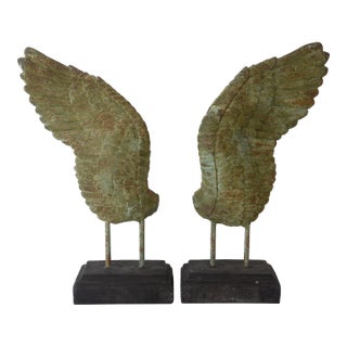 Large Rustic Verdigris Wing Sculptures on Stands - A Pair For Sale