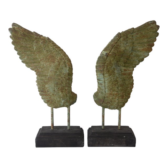 Large Rustic Verdigris Wing Sculptures on Stands - A Pair For Sale
