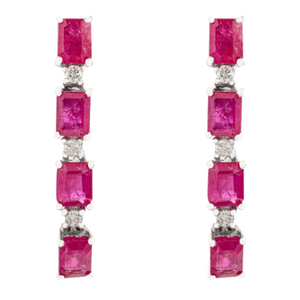Modernist Sterling Silver Ruby & Diamond Line Earrings With Emerald-Cut Stones- A Pair
