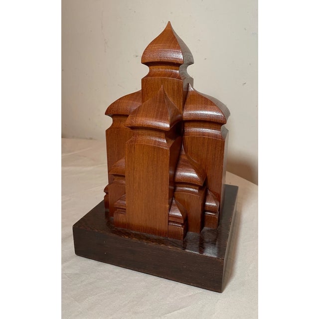 Contemporary Share Vintage Handmade 1980s Michael Mode Face Turning Wood Sculpture Statue Cathedral For Sale - Image 3 of 12