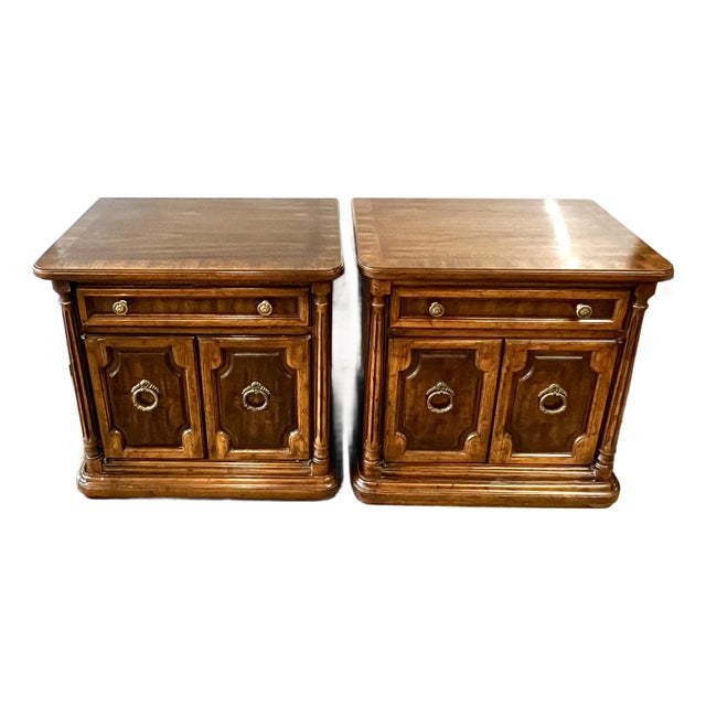 Vintage Drexel Heritage "Cameo Collection" Burled Walnut Nightstands - A Pair For Sale