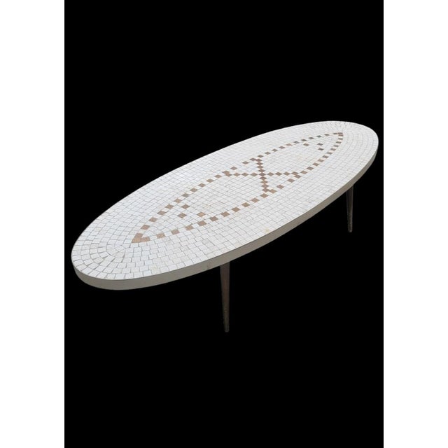 Vintage Mid-Century Modern Oval Mosaic White Bronze Tile Coffee Table For Sale In West Palm - Image 6 of 12