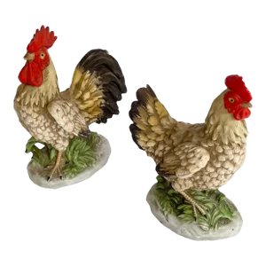 Vintage Homeco Rooster and Hen Porcelain Figurines - a Pair