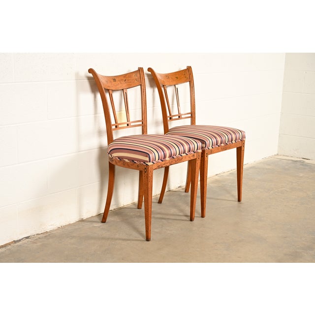 Neoclassical Antique Italian Regency Fruitwood Inlaid Marquetry Side Chairs or Dining Chairs, Pair For Sale - Image 3 of 17