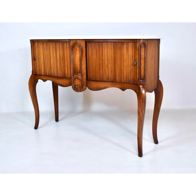 John Widdicomb Vintage French Style Marble Top Console Table Tambour Doors For Sale - Image 4 of 11