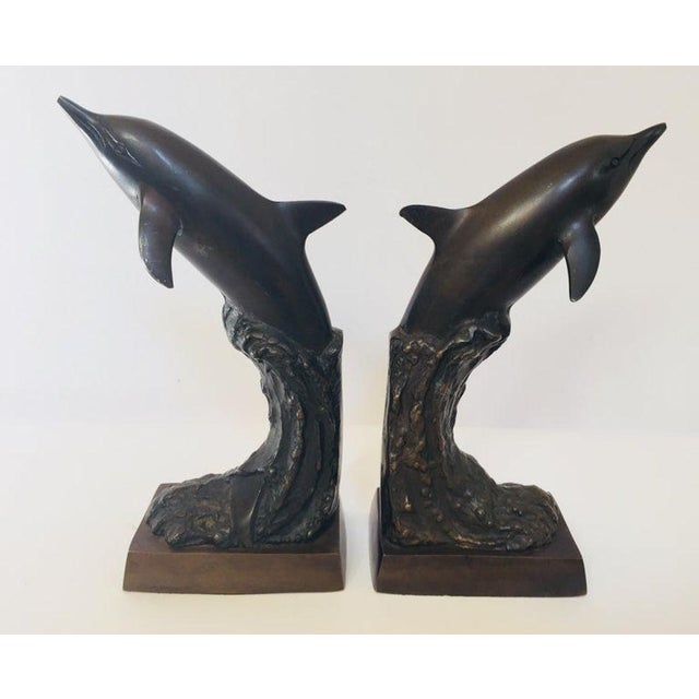 Mid-Century Modern Vintage Dolphins Bronze Bookends - A Pair For Sale - Image 3 of 13