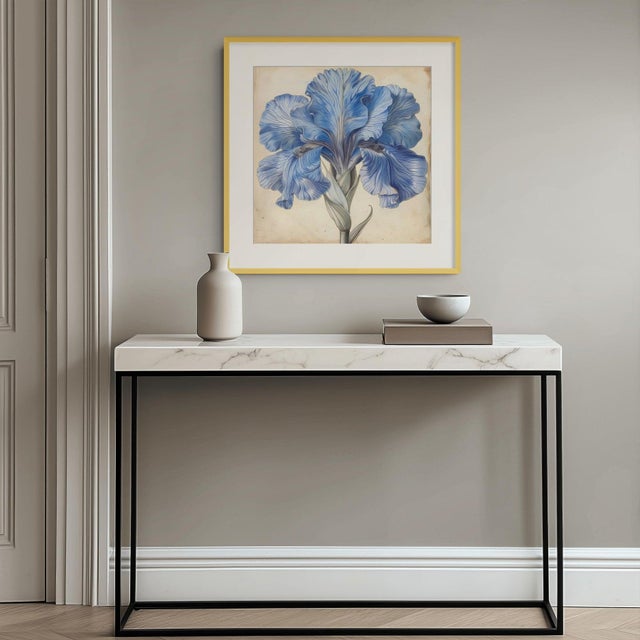 A striking botanical study featuring the elegant blooms of a magnificent blue iris, faithfully reproduced from an original...